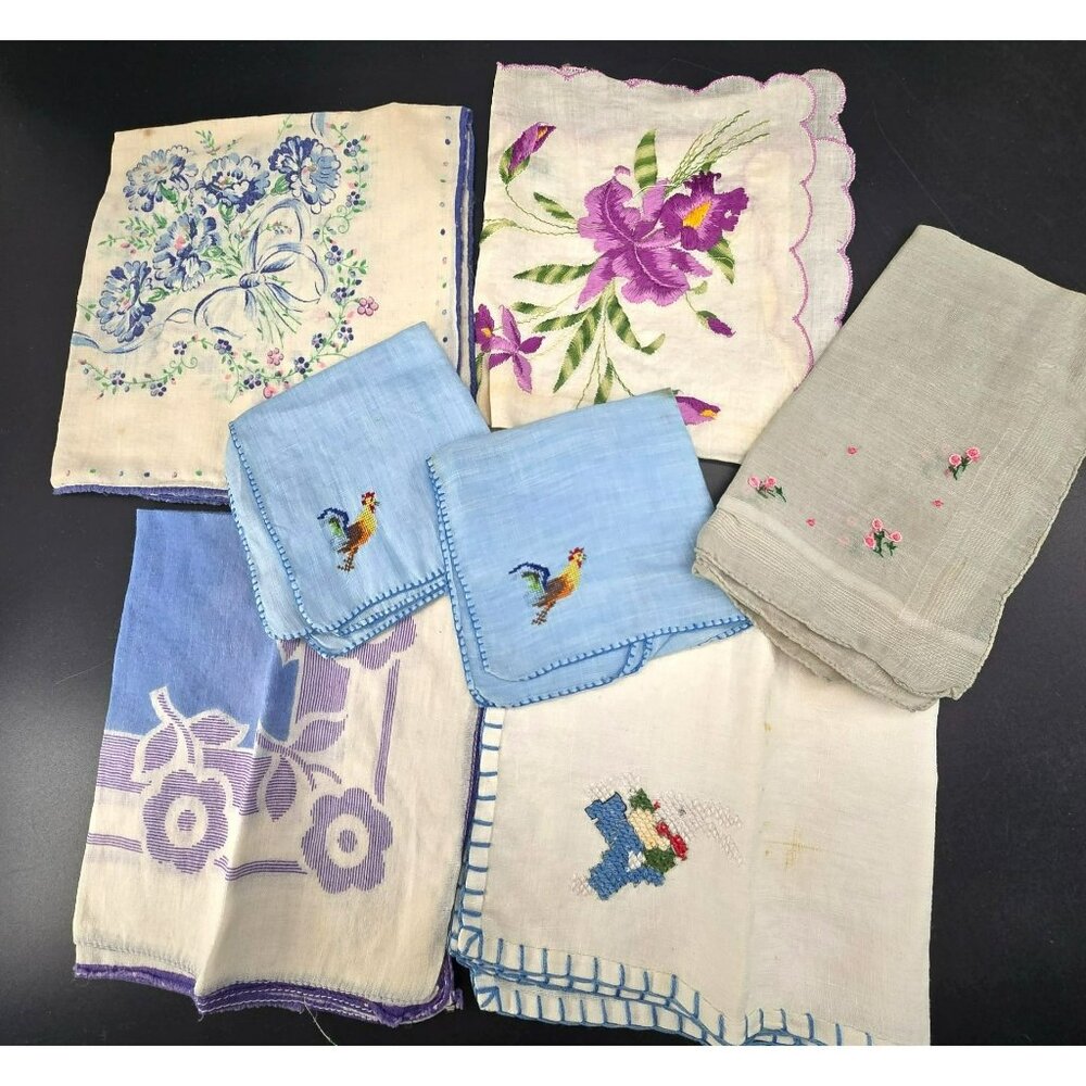 Vintage Handkerchief Lot With Floral Embroidery Cross-Stitch CM2041